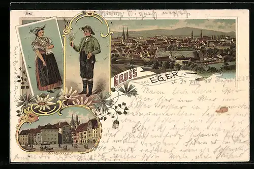Lithographie Eger, Marktplatz, Egerländer Paar in Tracht