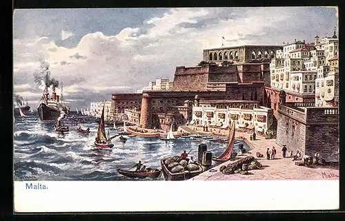 Künstler-AK Malta, Schiffe und Festung im Hafen
