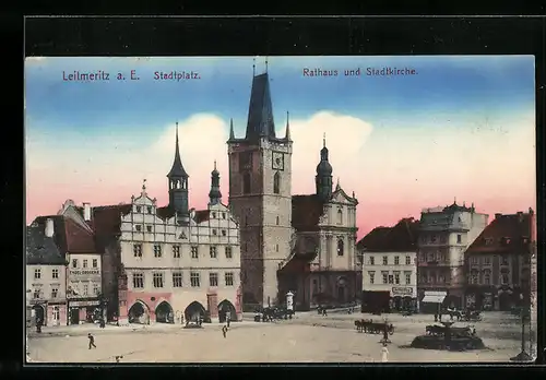 AK Leitmeritz / Litomerice, Stadtplatz, Rathaus, Stadtkirche
