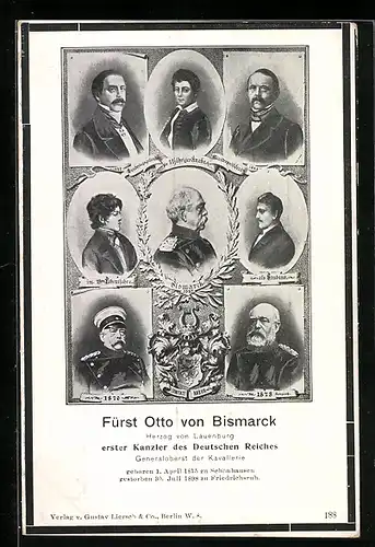 AK Fürst Bismarck jung und alt, acht Portraits