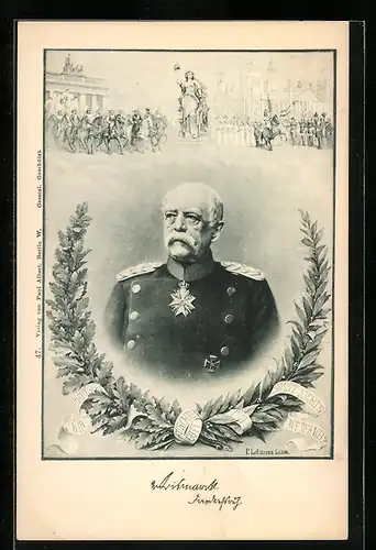 AK Bismarck im Ehrenkranz, Germania mit Truppen