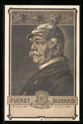 Lithographie Bismarck, Seitenportrait mit Pickelhelm, Wappen