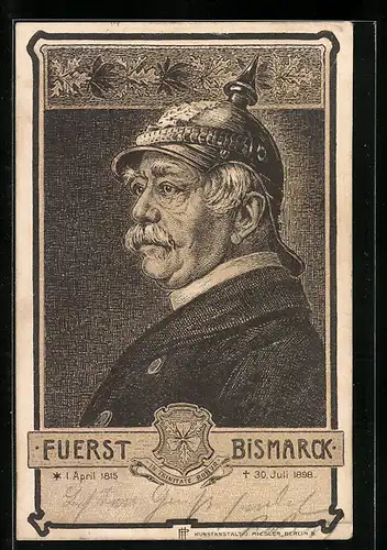 Lithographie Bismarck, Seitenportrait mit Pickelhelm, Wappen