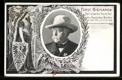 AK Fürst Bismarck, der eiserne Kanzler, Portrait mit Hut und Germania