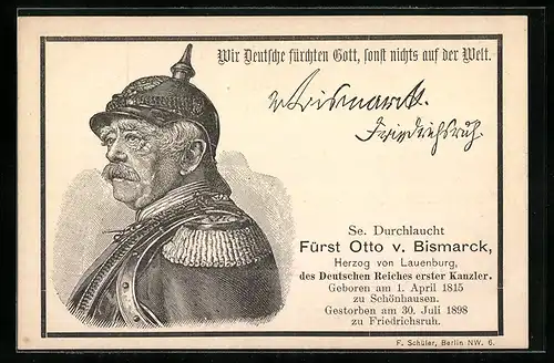 AK Fürst Otto von Bismarck mit Pickelhaube