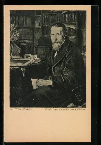 Künstler-AK Wilhelm Raabe, Portrait am Schreibtisch