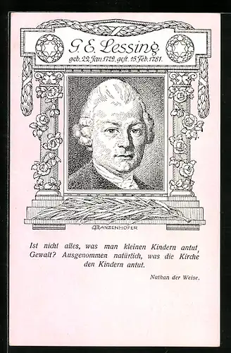 Künstler-AK G. E. Lessing, Portrait des Dichters, Zitat aus Nathan der Weise