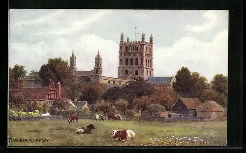 Künstler-AK sign. A.R. Quinton: Tewkesbury Abbey und Kuhherde