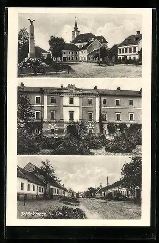 AK Schönkirchen, Marktplatz mit Kirche und Denkmal, Strassenpartie