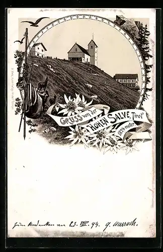 Lithographie Hohe Salve, Gebäude auf dem Gipfel