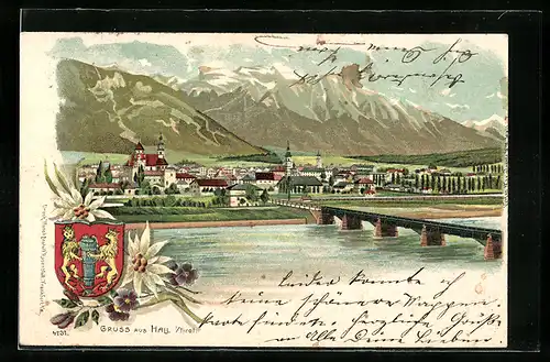Lithographie Hall i. Tirol, Ortsansicht von der gegenüberliegenden Flussseite her, Wappen