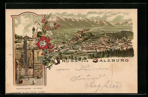 Lithographie Salzburg, Elektrischer Aufzug, Panorama mit Stadt und Umgebung