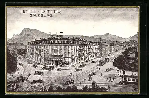 AK Salzburg, Hotel Pitter, Strassenbahnen und Autoverkehr
