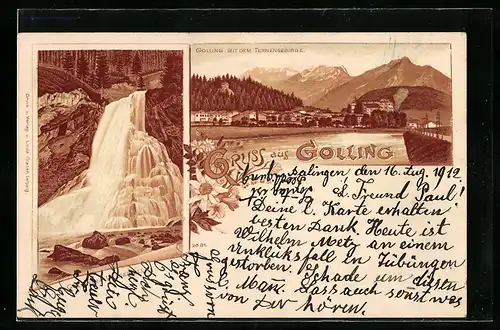Lithographie Golling, Ortsansicht gegen das Tennengebirge, Gollinger Wasserfall