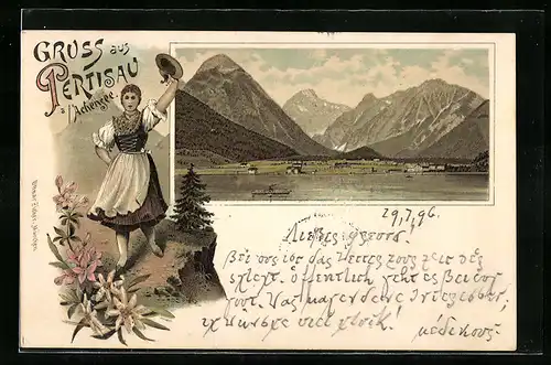 Lithographie Pertisau am Achensee, Blick vom See auf Ort und Berge, Tirolerin in Tracht