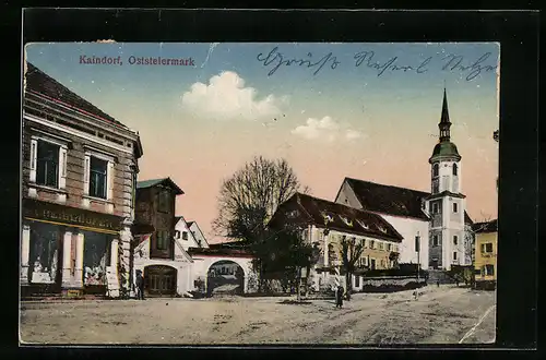AK Kaindorf, Strassenpartie mit Kirche