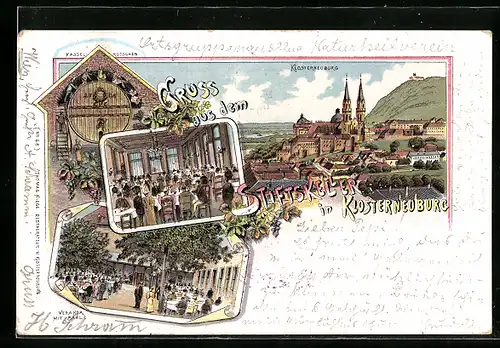 Lithographie Klosterneuburg, Innenansicht Gasthaus Stiftskeller, Veranda mit Saal, Fasselrutschen