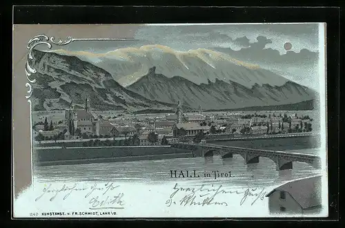 Mondschein-Lithographie Hall, Gesamtansicht mit Flusspartie