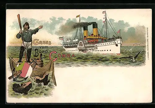 AK Passagierschiff Cobra mit rauchenden Schloten, Matrose im Ruderboot