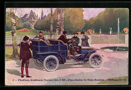Künstler-AK Auto Phaeton, drehbarer Vordersitz, 9 PS, Einzylinder de Dion-Bouton
