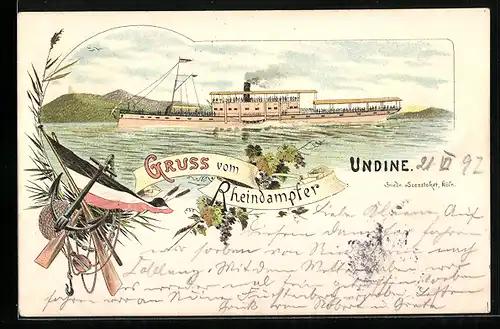 Lithographie Rheindampfer Overstolz auf Ausflugsfahrt auf dem Rhein