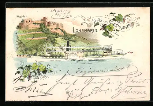 Lithographie Rheindampfer Lohengrin vor Rheinfels