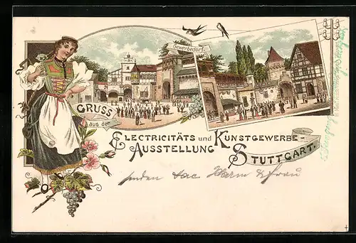 Lithographie Stuttgart, Elektrizitäts- und Kunstgewerbe-Ausstellung, Schaulustige im Gewerbedorf