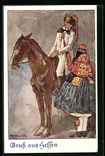 Künstler-AK Otto Ubbelohde: Frau und Reiter in hessischer Tracht beim Abschied
