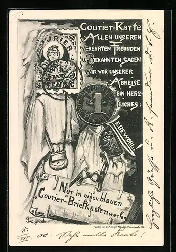 AK München, Courier-Karte, Private Stadtpost, Nur in einen blauen Courier-Briefkasten werfen