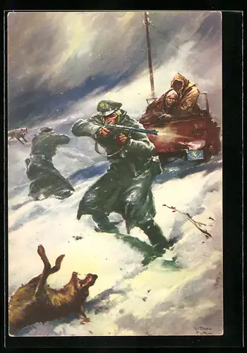 Künstler-AK Ricompense alla Bandiera del Corpo delle Guardie, Polizei im Kampf mit Wölfen