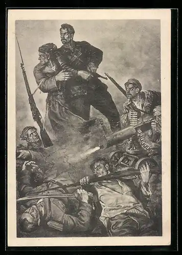 Künstler-AK Russischer Bürgerkrieg, Kampfszene mit MG