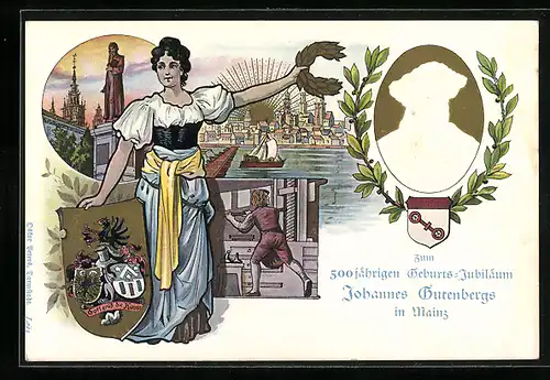 Präge-Lithographie Ganzsache PP15D6: Mainz, Panorama zur 500 jähr. Gutenberg Feier 1900, Arbeiter beim Buchdruck, Wappen