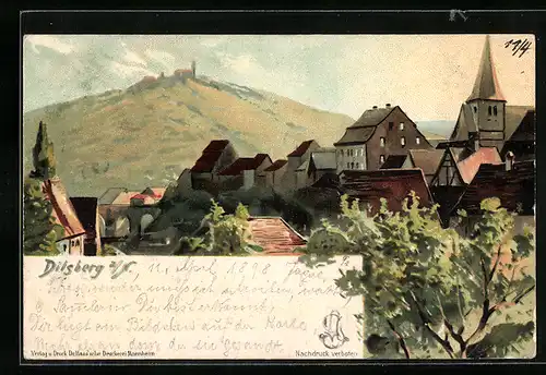 Lithographie Dilsberg a. N., Teilansicht mit Burgberg, Private Stadtpost