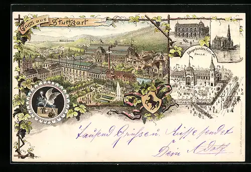 Lithographie Stuttgart, Kirche, Gebäudeansichten, Ortsansicht aus der Vogelschau, Private Stadtpost