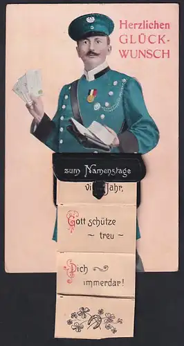 Leporello-AK Briefträger bringt Grüsse zum Namenstage, Zu diesem festlich frohen Tag, ich Dir viel Gutes wünschen mag...