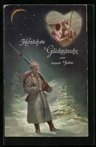 AK Neujahrsgruss aus dem Kriege, deustcher Soldat auf Wachgang in Gedanken bei der Liebsten