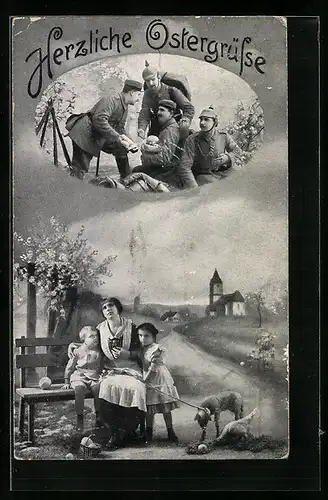 AK Familie mit Osterlamm denkt an den Vater an der Front