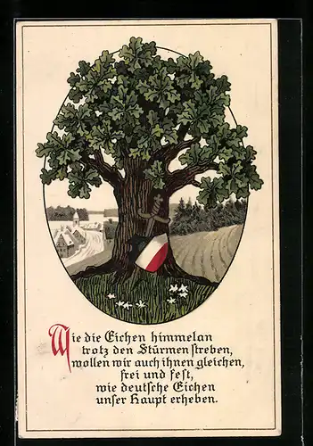 AK Eiche mit Schwert und Wappen, Steh fest du deutscher Eichenbaum.., Spruch