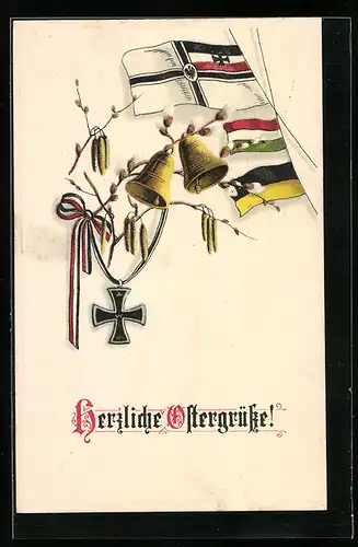 Präge-AK Eisernes Kreuz und Glocken mit Fahnen
