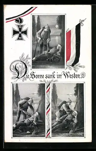 AK Die Sonne sank im Westen, Deutscher Soldat hält Verwundeten an der Hand, Eisernes Kreuz und Fahne