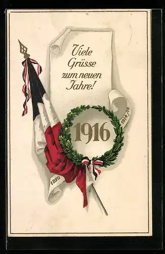 Künstler-AK Standarte mit reichsfarben, Neujahresgruss 1916