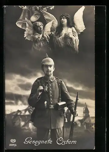 AK Soldat mit zwei Engeln die über ihn wachen, Kriegsostern