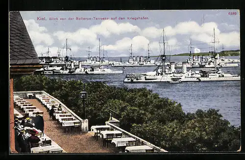 AK Kiel, Blick von der Bellevue-Terrasse auf den Kriegshafen