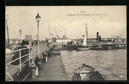 AK Kiel, Kriegshafen, Reventioubrücke und SMY Hohenzollern