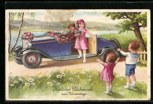 Künstler-AK Mädchen in Rosa entsteigt einem blau-lila Auto, Glückwunsch Namenstage