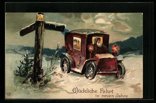 Künstler-AK Auto am Wegweiser im Winter, Neujahrsgruss