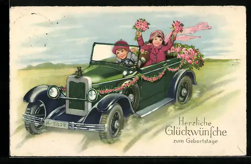 Künstler-AK Kinder im Blumen geschmückten Auto