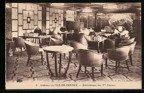 AK Passagierschiff Ile de France, Bibliotheque des 1. Classes