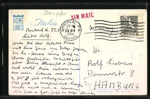 AK Passagierschiff MS Italia der Home Lines auf hoher See