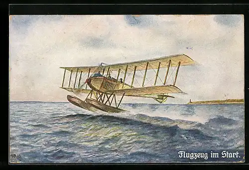 Künstler-AK Wasserflugzeug beim Start